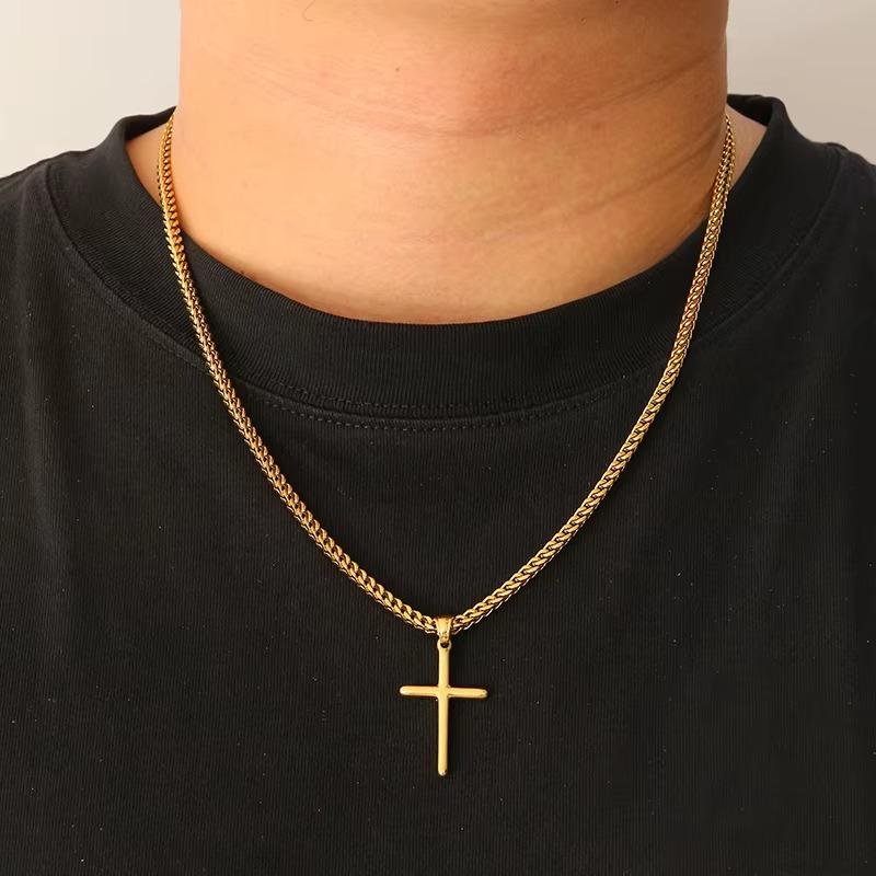 Luxuryjoyas Cross Necklace, Thick Chain, 18k Gold Plated, 63 cm