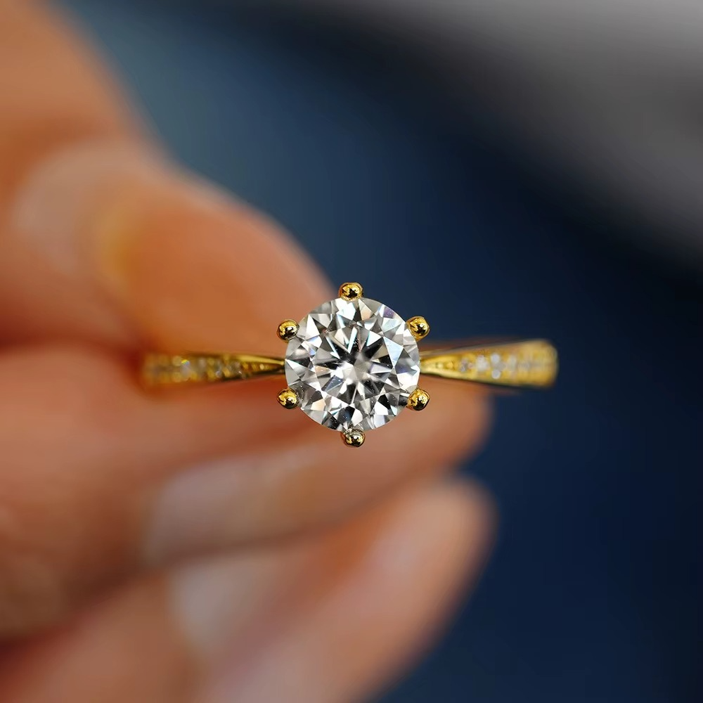 1ct Moissanite Diamond Ring, 18k Gold Plated Silver, Certified