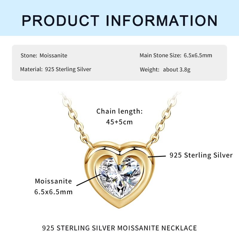 Heart Necklace with 1ct Moissanite Diamond, Gold Plated on Silver Plated Silver