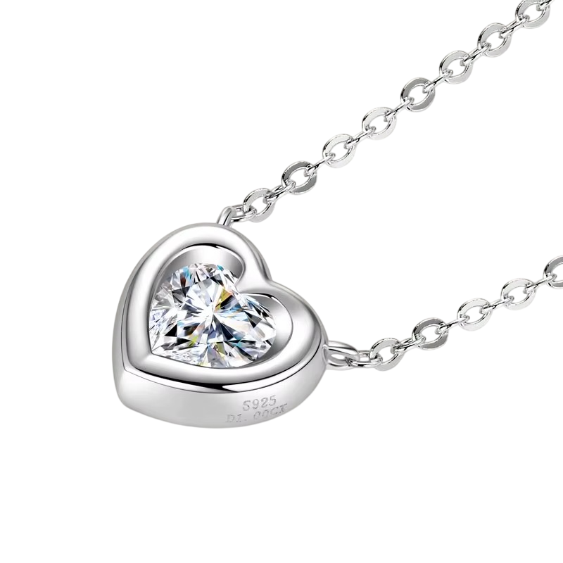 Heart Necklace with 1ct Moissanite Diamond, Gold Plated on Silver Plated Silver